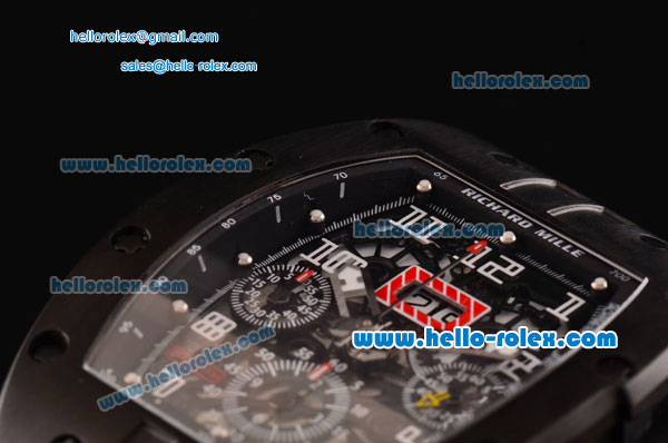Richard Mille RM011 Swiss Valjoux 7750-SHG Automatic Black PVD Case Numeral Markers with Black Rubber Strap and Skeleton Dial - Click Image to Close